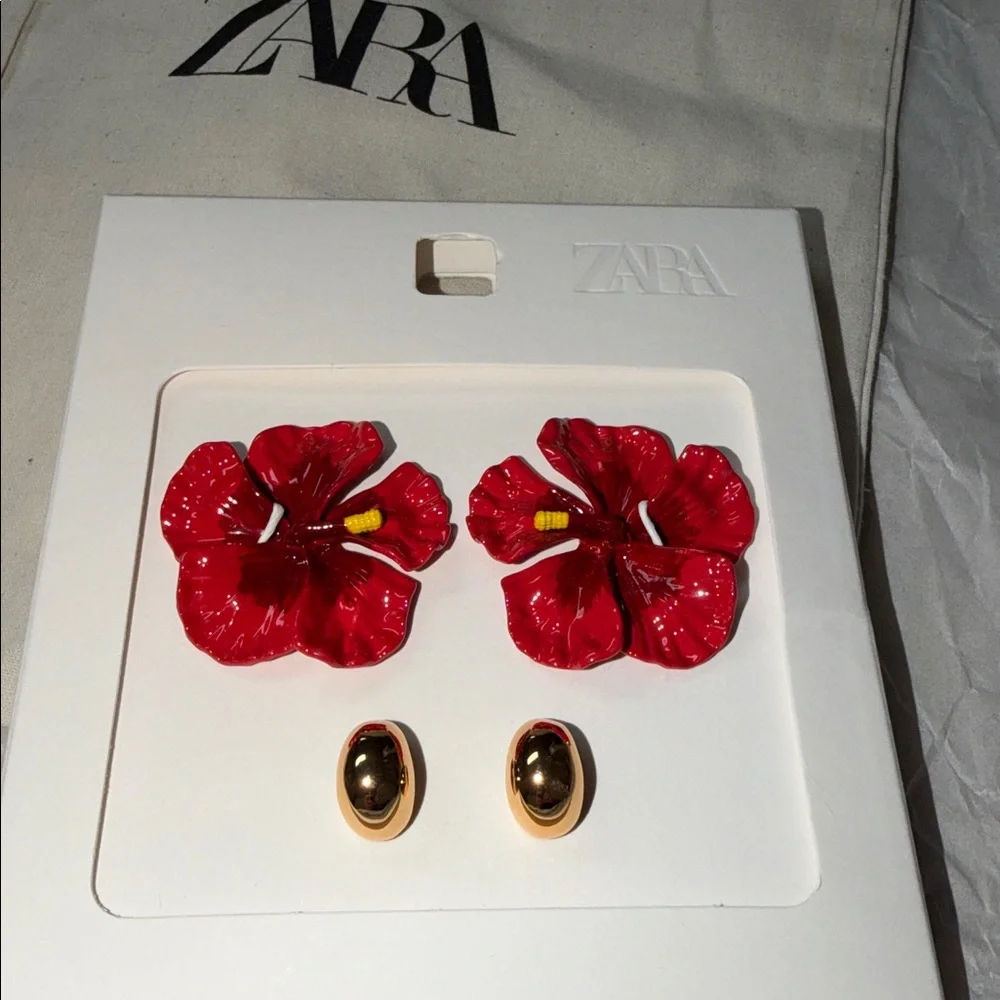 Zara tropical iconic flower & hoops earring 2 pack ,hibiscus, 🌺 amapola